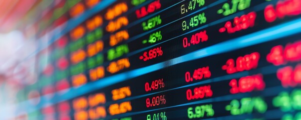 Close up of a stock ticker displaying financial data with red and green numbers