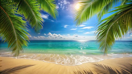 Tropical beach scene with turquoise water, palm leaves, and golden sand, summer, tropical, sea, palm leaves, beach