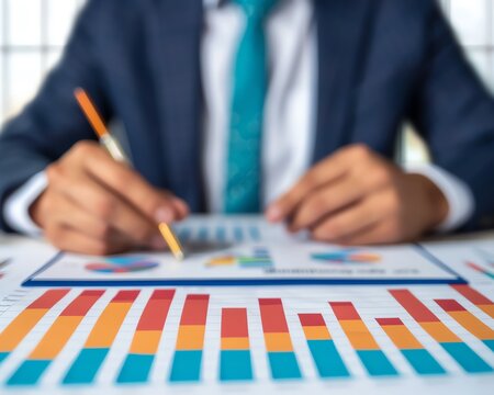 Close up of a businessman analyzing charts and graphs.