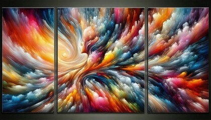 HD triptych art of vibrant color bursts, each panel featuring a different explosion of colors, abstract shapes, dynamic movement, digital painting