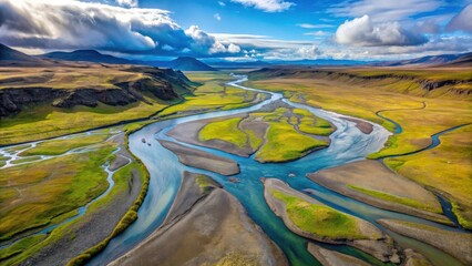 Drone view of a tranquil Icelandic riverbed , Iceland, river, nature, aerial view, water, rocks, landscape, scenic