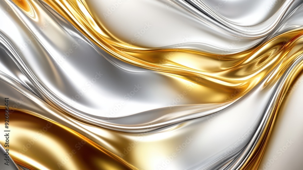 Poster metallic texture shiny gold and silver waves abstract design empty white background