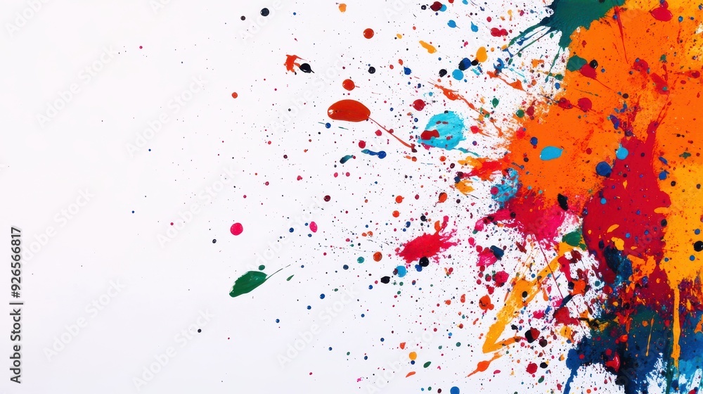 Poster vibrant paint splashes multicolored randomly scattered empty white background