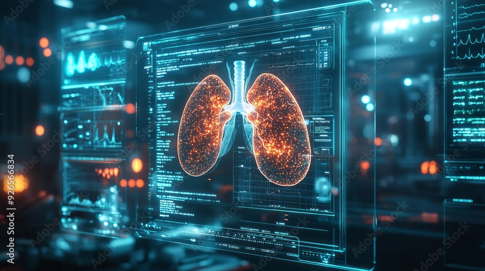 Poster an advanced digital representation of human lungs with glowing details, displayed against a backdrop