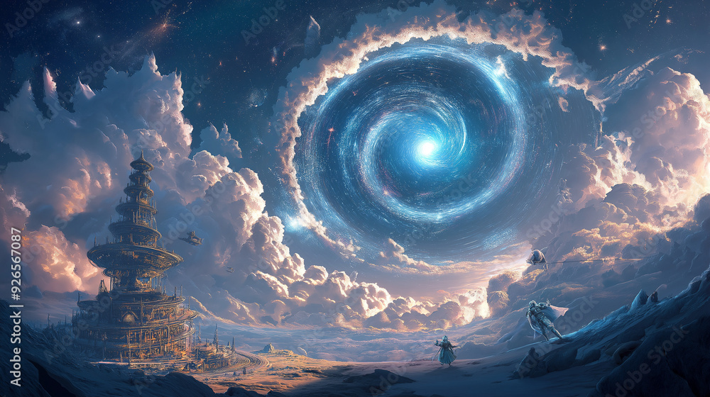 Aufkleber a massive space station orbiting around the galaxy, with intricate designs and metallic structures. 