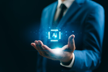 Businessman hand touching cloud AI technology on global. AI learning and business artificial intelligence, data management on network. Document file management, cyber security, digital transformation.