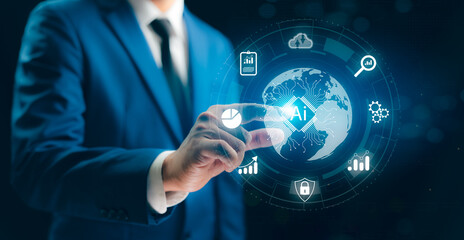 Businessman hand touching cloud AI technology on global. AI learning and business artificial...