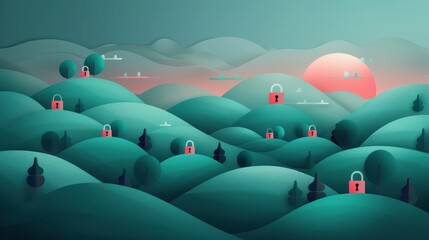 Obraz premium Illustration of a digital landscape with padlocks scattered across, representing the fortified digital security provided by password managers.