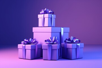 Obraz premium Stack of purple gift boxes with ribbons on a festive background.