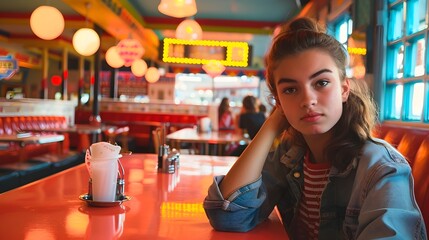 Teenage Girl Sitting in Retro Diner with Vibrant Neon Lights and Vintage Decor