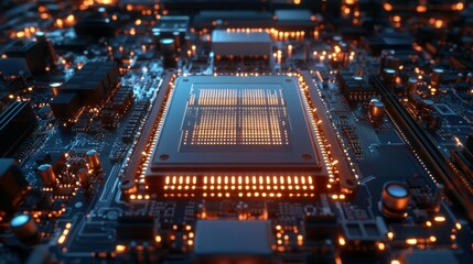 Fototapeta premium Close-up of a central computer processor on a motherboard, illuminated by digital light patterns, surrounded by technological circuitry in a futuristic scene.