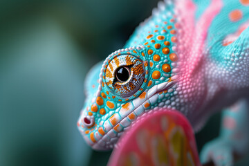 Fototapeta premium Close-up of a colorful lizard eye, showcasing intricate patterns and vibrant hues of blue, orange, and pink against a blurred background.