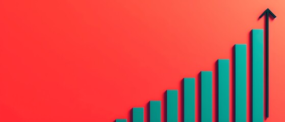 Blue bar graph with arrow pointing up on red background.