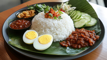 Traditional Malay spicy rice dish known as Nasi Lemak served on banana leaf plate