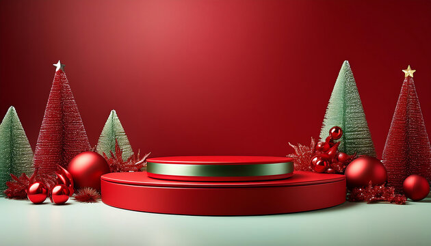  Un podio rosso vuoto, circondato da decorazioni natalizie, ideale per presentare prodotti i_1(288)