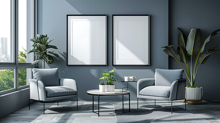 A modern living room with two blue armchairs and a coffee table, framed by two blank canvases against a blue wall.