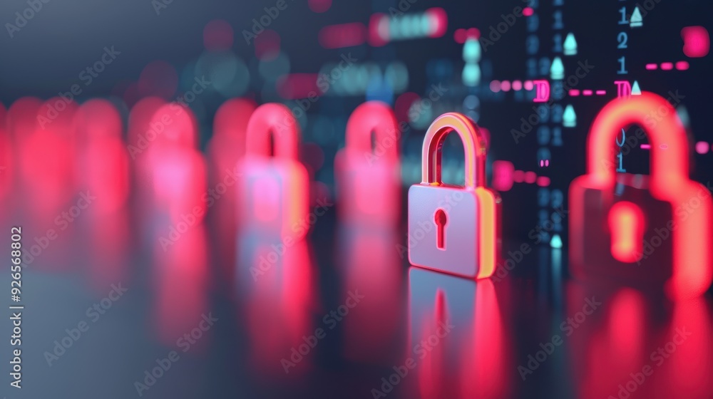 Poster an abstract representation of cybersecurity threats, with binary code and digital locks symbolizing 