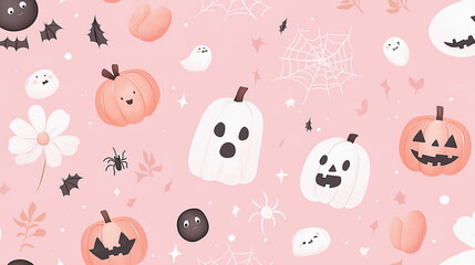 A pink pattern with pumpkins, spider webs and white flowers, cartoon style, high resolution, colorful background, repeating patterns, cute illustrations, spooky Halloween decorations, fantasy, playful