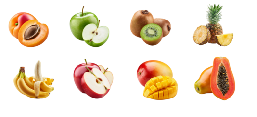 Set of different fruits Apples, kiwi, mango, papaya, pineapple, apricot and pear isolated on transparent background