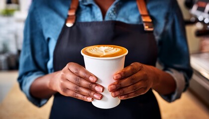 A barista in a uniform holds a hot cappuccino in a white paper cup, ready to go from a coffee shop.