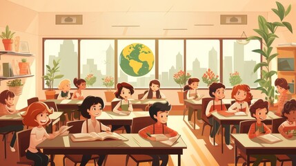 Fototapeta premium Classroom background with students learning, flat design, top view, educational theme, cartoon drawing, vivid