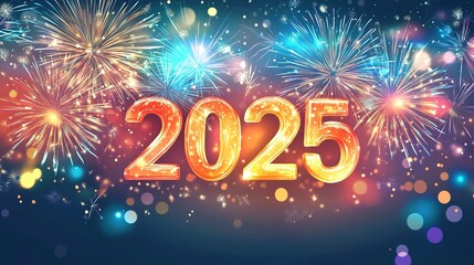 Golden 2025 with Fireworks and Sparkles on a Dark Blue Background