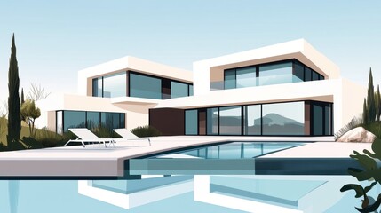 Illustration of sleek modern houses in an abstract, architectural rendering with a clean and stylish aesthetic.