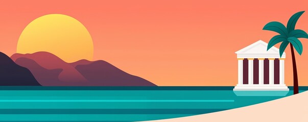 Obraz premium Tranquil bay, cultural relics, serene waters, flat design illustration