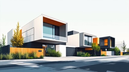 Illustration of sleek modern houses in an abstract, architectural rendering with a clean and stylish aesthetic.
