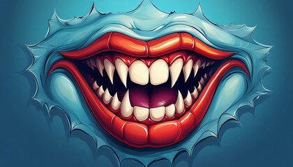 Naklejka premium A funny vampire mouth with sharp teeth on a blue background. Perfect for Halloween cards, banners, prints, and posters.