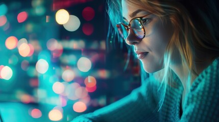 A young woman working from home as a cybersecurity professional, focused on her laptop with a secure connection and digital encryption tools visible on screen.
