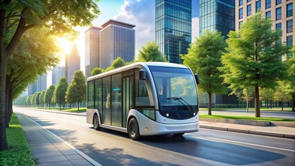 Fototapeta premium Autonomous electric bus self driving on street, Smart vehicle technology concept, render, autonomous, electric