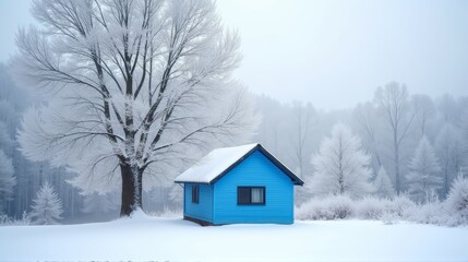 Naklejka premium A charming blue cottage stands peacefully amidst a snowy landscape, surrounded by snow-covered trees, embodying the calm beauty of winter.