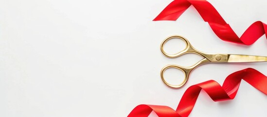 white background with gold scissors and red ribbon for celebration or event