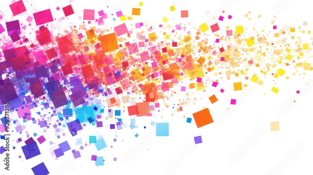 Poster Digital pixelated effect multicolored squares abstract design empty white background
