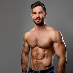Fototapeta premium A man with a hairy chest standing alone on a gray backdrop, ready for text to be added.