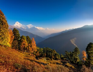 A stunning view of the Himalayas during autumn from Kausani, a hill station in Uttarakhand, India.