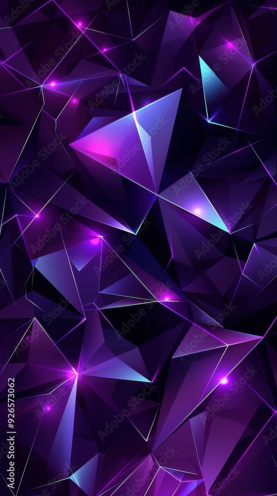 Poster abstract geometric composition with purple and blue neon lights glowing on sharp triangular shapes.