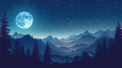 Naklejka premium A captivating night background with a clear starry sky, a full moon casting a soft glow, and silhouettes of trees and mountains creating a tranquil and mysterious ambiance