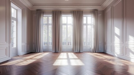 An elegant empty room background with polished hardwood floors, large windows with sheer curtains, and sophisticated wall moldings, creating a refined and inviting atmosphere
