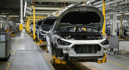 Mass production assembly line of modern cars in a factory.