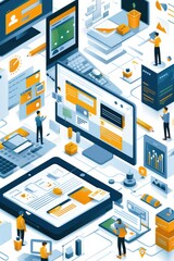 Obraz premium Modern Digital Workspace with Laptops, Tablets, and People Collaborating in a High-Tech Office Environment