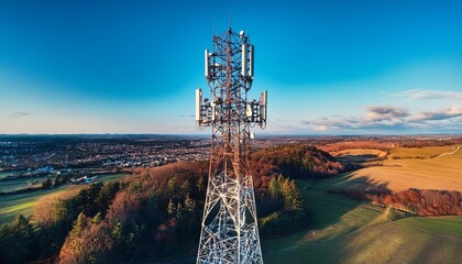 A tall metal tower used by phone and internet companies to send and receive signals. It has antennas for TV, wireless internet, and other communication devices.