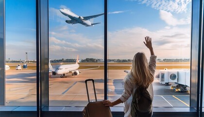 A traveler watches an airplane take off from the airport window. He waves goodbye to the people on the plane.
