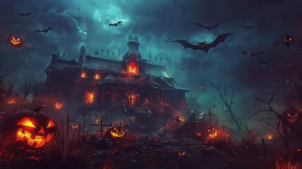 A spooky Halloween background with a haunted house, glowing jack-o'-lanterns, bats flying in the night sky, and eerie shadows lurking in the dark, creating a chilling and thrilling atmosphere