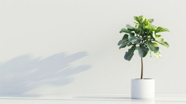 A serene scene on a white background with a single potted plant, showcasing its lush green leaves and minimalist pot, creating a sense of tranquility and simplicity