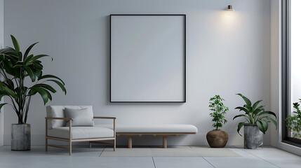 A modern living room with a white couch, a large framed artwork, and green plants.