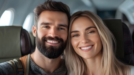 Fototapeta premium A happy couple enjoying their flight, capturing the joyful moments together in an airplane cabin.