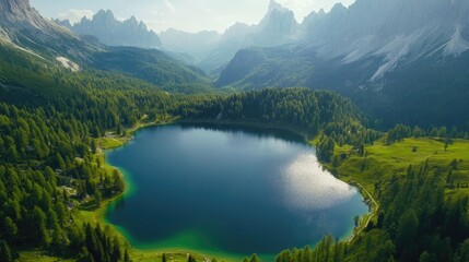 Obraz premium Aerial view of Lago Antorno in the Dolomites, showcasing the serene lake surrounded by majestic Alps peaks and lush greenery, offering a breathtaking mountain landscape.