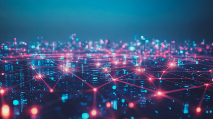 Obraz premium Smart digital Innovation city with connection network reciprocity over the cityscape. of future smart wireless digital city and social media networking systems that connects people with in city